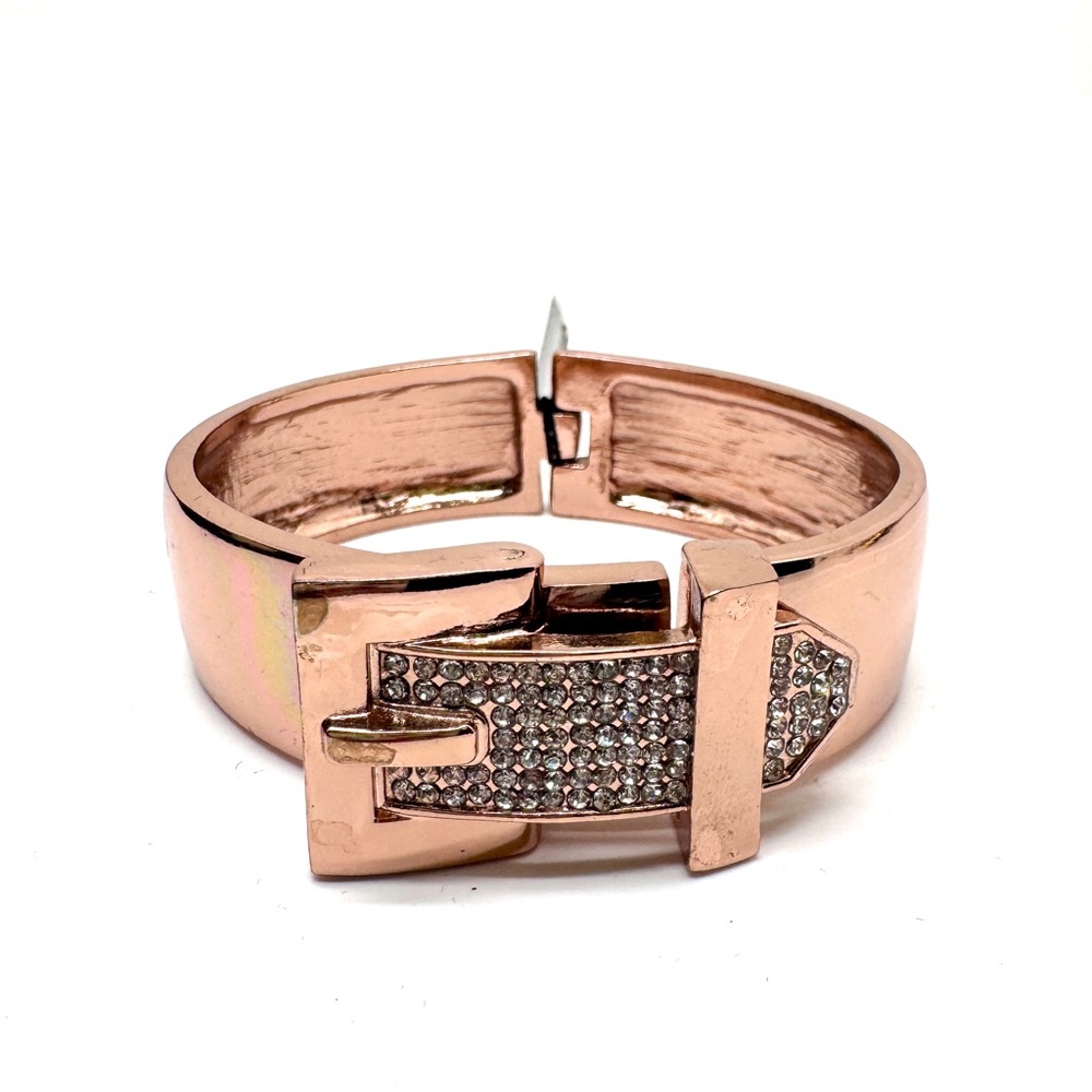 Gennaro Rose Gold Tone Crystal Buckle Cuff Bracelet Pave Hinged Bangle
